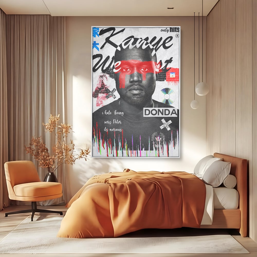 Tablou canvas cu tablou canvas cu portretul stilizat al lui kanye west, in rama de aluminiu argintiu, pe perete intr-un dormitor